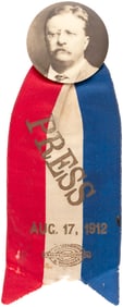 ROOSEVELT 1912 MASSACHUSETTS SINGLE DAY EVENT "PRESS" BUTTON AND RIBBON.