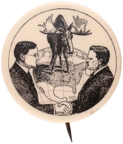 ROOSEVELT & JOHNSON BULL MOOSE ON MAP OF AMERICA RARE JUGATE BUTTON.