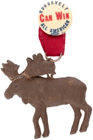 ROOSEVELT CAN WIN ALL AMERICA BUTTON W/ FIGURAL BULL MOOSE HANGER.