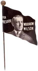 FOR PRESIDENT WOODROW WILSON RARE STICKPIN CELLO FLAG LAPEL BADGE.