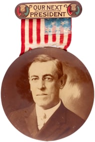 WILSON 3.5" REAL PHOTO BUTTON ON "OUR NEXT PRESIDENT" HANGER.