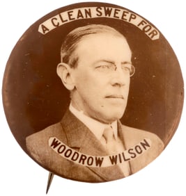 A CLEAN SWEEP FOR WOODROW WILSON RARE REAL PHOTO PORTRAIT BUTTON.
