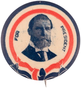 HUGHES "FOR PRESIDENT" PATRIOTIC RIBBON MOTIF PORTRAIT BUTTON.