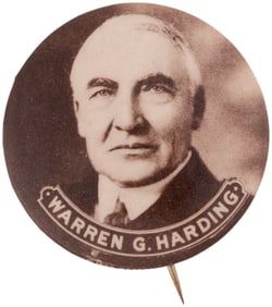 HARDING LARGE 1.75" SEPIA TONED REAL PHOTO PORTRAIT BUTTON.