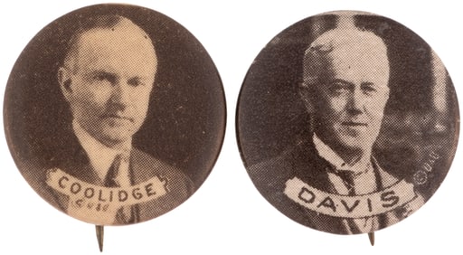 DAVIS & COOLIDGE 1924 CAMPAIGN BROWNTONE PORTRAIT BUTTON PAIR.