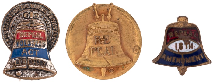 ANTI-PROHIBITION "REPEAL" LIBERTY BELL BADGE TRIO INC. "REPEAL VOLSTEAD ACT".