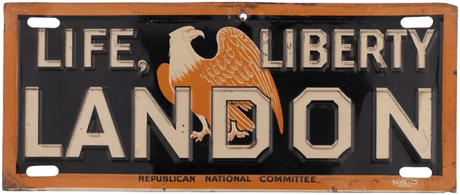 LIFE, LIBERTY LANDON 1936 EAGLE MOTIF CAMPAIGN LICENSE PLATE.