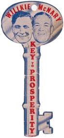 WILLKIE & McNARY "KEY TO PROSPERITY" FIGURAL JUGATE CARDSTOCK BADGE.
