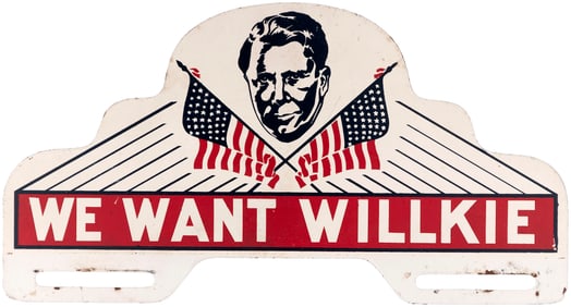 WE WANT WILLKIE 1940 CROSSED AMERICAN FLAGS PORTRAIT LICENSE PLATE.