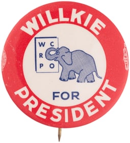 WILLKIE FOR PRESIDENT WAYNE COUNTY MICHIGAN CARTOON BUTTON HAKE #205.