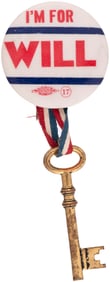 WILLKIE OUTSTANDING REBUS BUTTON WITH BRASS SHELL KEY.