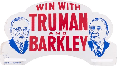 WIN WITH TRUMAN AND BARKLEY 1948 JUGATE LICENSE PLATE ATTACHMENT.