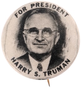 FOR PRESIDENT HARRY S. TRUMAN SCARCE 1948 SKETCH PORTRAIT BUTTON.