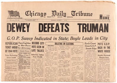 DEWEY DEFEATS TRUMAN ICONIC CHICAGO TRIBUNE ERROR NEWSPAPER SUPERB CONDITION.