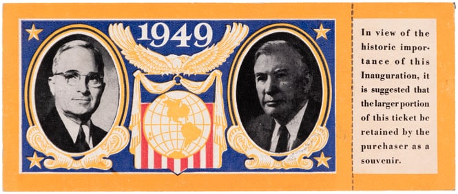 TRUMAN & BARKLEY "PRESIDENT'S STAND 1" RARE 1949 INAUGURATION TICKET.