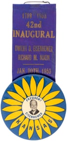EISENHOWER IKE "KANSAS" SUNFLOWER BUTTON ON INAUGURAL RIBBON BADGE.
