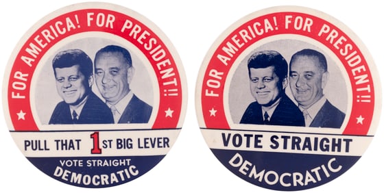 KENNEDY & JOHNSON 1960 JUGATE BUTTON PAIR INC. "PULL THAT 1ST BIG LEVER" .