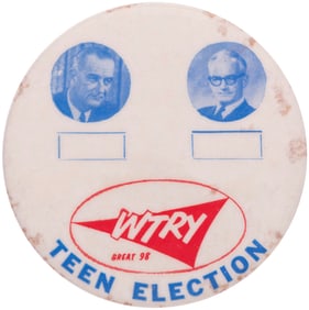 JOHNSON & GOLDWATER "WTRY GREAT 98" RADIO "TEEN ELECTION" 1964 BUTTON.