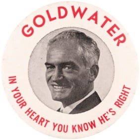 GOLDWATER IN YOUR HEART YOU KNOW HE'S RIGHT RARE 1964 PORTRAIT BUTTON.
