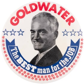 GOLDWATER THE BEST MAN FOR THE JOB SCARCE YOUTHFUL PORTRAIT BUTTON.