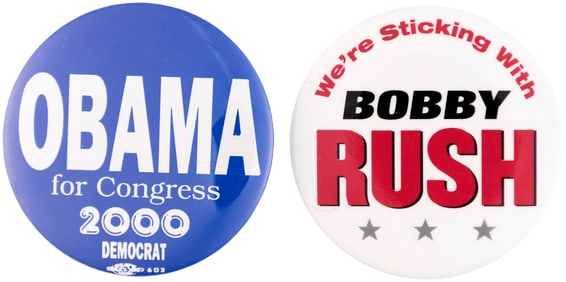 OBAMA FOR CONGRESS & OPPONENT BOBBY RUSH 2000 EARLY CAREER BUTTON PAIR.