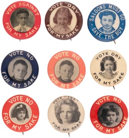 PROHIBITION COLLECTION OF NINE CHILD PORTRAIT BUTTONS.