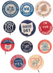 PROHIBITION COLLECTION OF 11 STATE SPECIFIC BUTTONS WV, MN, CA, CO, OH.