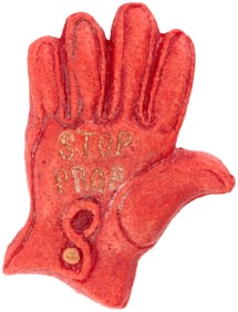 STOP PROP 8 SLOGAN ON WORKER'S FIGURAL GLOVE PLASTIC COMPOSITION PIN.