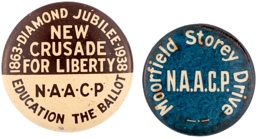 NAACP "NEW CRUSADE FOR LIBERTY" & "MOORFIELD STOREY DRIVE" BUTTON PAIR.