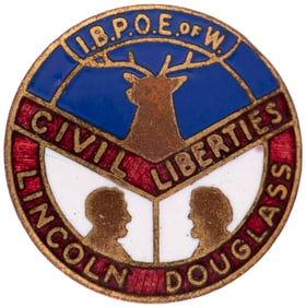 IBPOE OF W CIVIL LIBERTIES LINCOLN DOUGLASS CIVIL RIGHTS ENAMEL PIN-BACK BADGE.