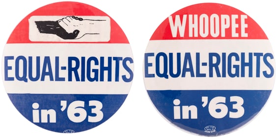 EQUAL RIGHTS IN '63 CIVIL RIGHTS BUTTON PAIR INC. STICKER AS ISSUED FOR MARCH ON WASHINGTON.
