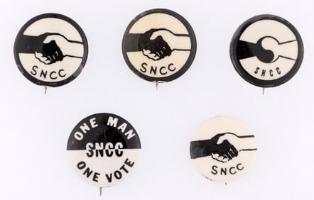 SNCC COLLECTION OF FIVE CIVIL RIGHTS BUTTONS INCLUDING "ONE MAN ONE VOTE".