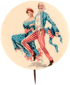 WORLD WAR I ERA BUTTON WITH UNCLE SAM AND MISS LIBERTY C. 1918.