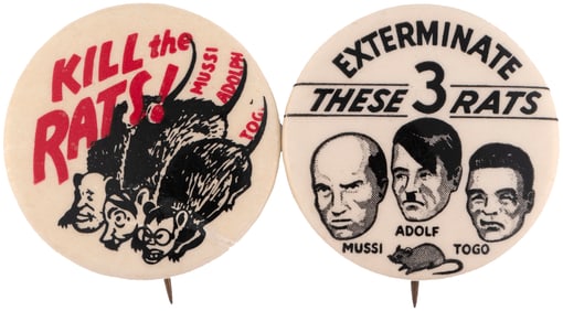 WWII HOMEFRONT "KILL THE RATS" & "EXTERMINATE THESE 3 RATS" BUTTON PAIR.