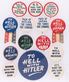 WWII HOMEFRONT COLLECTION OF 14 SLOGAN BUTTONS.