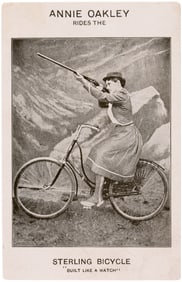 C. 1899 ADVERTISING CARD "ANNIE OAKLEY RIDES THE STERLING BICYCLE 'BUILT LIKE A WATCH.'"