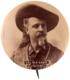 W.F.CODY C. 1900 REAL PHOTO BUTTON INCLUDING THE "BUFFALO BILL" NAME.