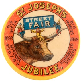 ST. JOSEPH, LIKELY MISSOURI, 1899 BUTTON WITH THREE ELVES IN COURT JESTER OUTFITS.