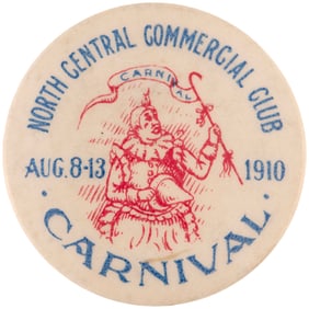 WHITE FACE CLOWN HOLDS CANE WITH ATTACHED "CARNIVAL" PENNANT BUTTON.