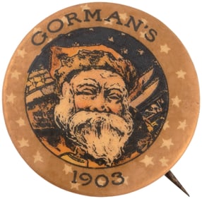 VERY EARLY DATED SANTA BUTTON FOR "GORMAN'S 1903" FEATURING WHITE STARS ON GOLD RIM.