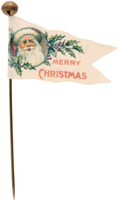 SANTA ON MERRY CHRISTMAS CELLO PENNANT STICKPIN C. 1910 READING ON BACK "SANTA CLAUS AT BARIE'S".