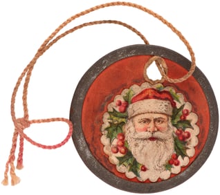 THE BIG SANTA CLAUS CLUB 1908 FIRST SEEN TIN AND CARDBOARD STRING TAG.