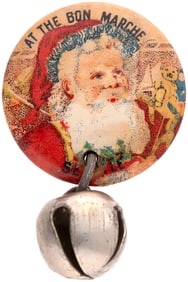 AT THE BON MARCHE/SEATTLE RARE C. 1910 SANTA IN A POINTILLISM ART STYLE W/BELL BUT NO PIN.