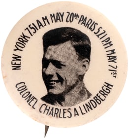 LINDBERGH 1927 RARE BUTTON W/RARE PHOTO IMAGE AND FLIGHT DETAILS.