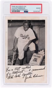 1948 OLD GOLD CIGARETTES JACKIE ROBINSON (HOF) KNEELING IN DUGOUT PSA 2 GOOD.