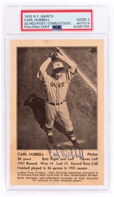 1932 N.Y. GIANTS CARL HUBBELL (HOF) SCHEDULE POSTCARD (THIN STOCK VARIATION) PSA/DNA 2 GOOD AUTOGRAP