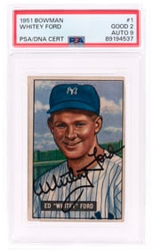 1951 BOWMAN #1 WHITEY FORD (HOF) ROOKIE CARD PSA/DNA 2 GOOD AUTOGRAPH 9.
