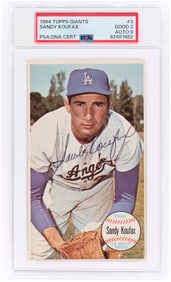 1964 TOPPS GIANTS #3 SANDY KOUFAX (HOF) PSA/DNA 2 GOOD AUTOGRAPH 9.