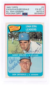 1965 TOPPS N.L. ERA LEADERS #8 SANDY KOUFAX/DON DRYSDALE (HOF) PSA/DNA 6 EX-MINT AUTOGRAPH 8.