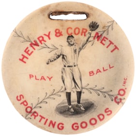 c. 1910s TY COBB (HOF) VERY RARE SPORTING GOODS CO. ADVERTISING CELLULOID WATCH FOB.
